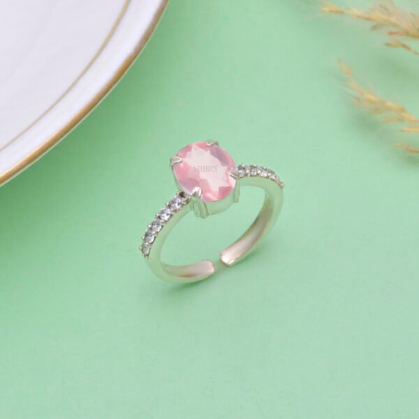 Adjustable Rose Quartz and Moissanite Stone 925 Silver Ring - Image 4