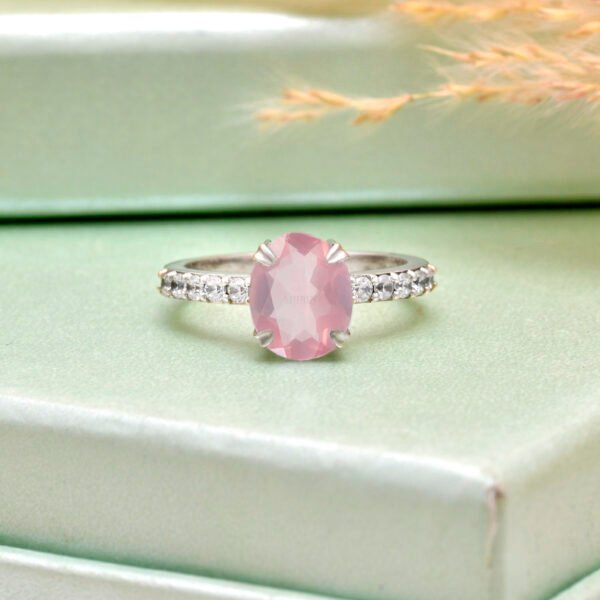 Adjustable Rose Quartz and Moissanite Stone 925 Silver Ring - Image 5